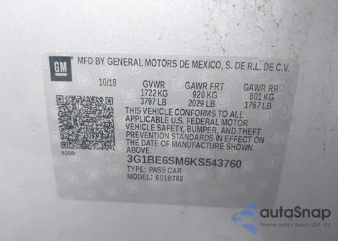 2019 Chevrolet Cruze Lt from USA, damaged, VIN 3G1BE6SM6KS543760